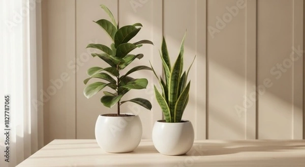 Obraz Two potted houseplants sit on a table near a light source casting shadows