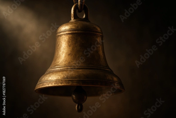 Obraz Close-up of a bronze bell hanging from a chain against a dark background