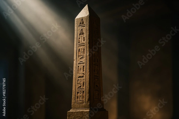 Fototapeta Ancient Egyptian obelisk with hieroglyphs illuminated by dramatic light
