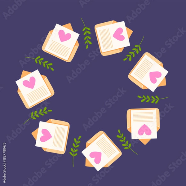 Fototapeta Circular wreath of love letter in envelope with pink heart and green leaf in flat style. Valentine day card.