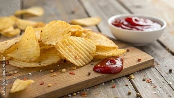 Obraz Potato Chips With Ketchup on wood Background