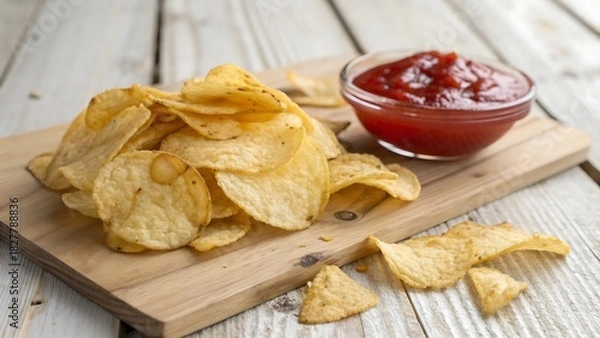 Obraz Potato Chips With Ketchup on wood Background
