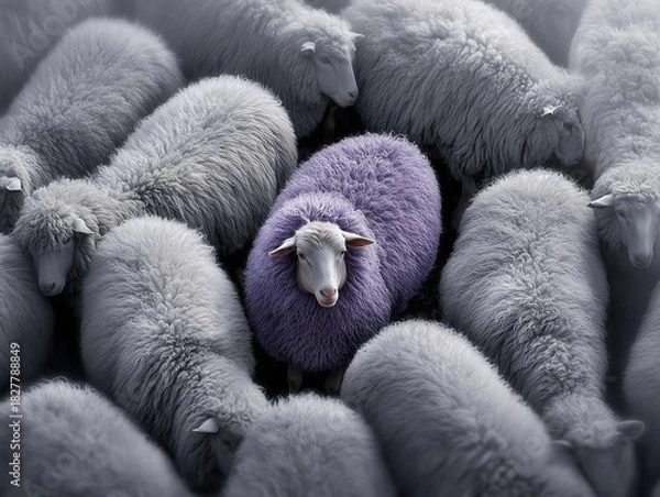 Obraz A flock of gray sheep standing next to each other. In the center is a single purple sheep, viewed from above.
