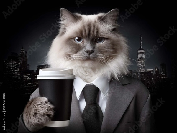 Fototapeta A Burmese cat in a business suit with coffee in the office
