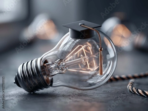 Obraz Light bulb with graduation cap on dark background. Education concept. 3D Rendering