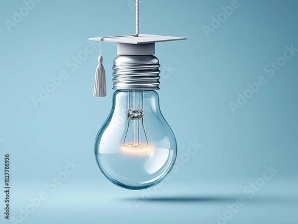 Obraz Light bulb with graduation cap on dark background. Education concept. 3D Rendering