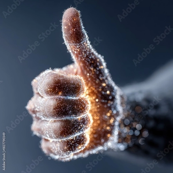 Fototapeta Close up of a hand giving a thumbs up with glowing particles.