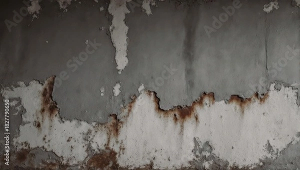 Fototapeta A weathered, decaying wall shows peeling paint, rust, and a textured surface