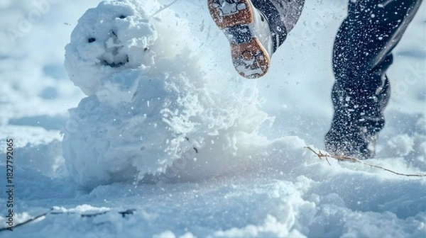 Fototapeta 雪だるまを蹴って破壊するシーン