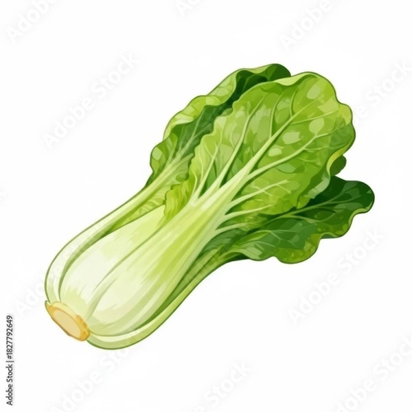 Obraz Hand-drawn illustration of bok choy cabbage isolated on white background. The leafy vegetable is depicted in soft shades of green emphasizing freshness and organic design.