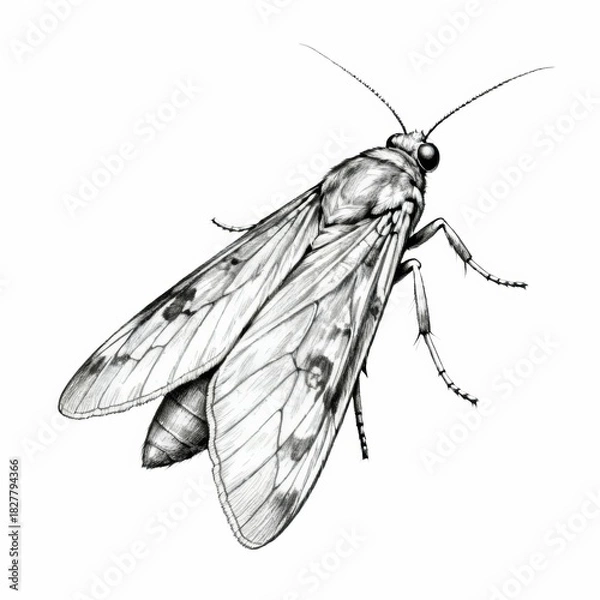 Obraz Detailed black and white illustration of a moth insect on a white background, realistic entomology drawing with delicate wings, long antennae and fine lines, minimalistic composition with open space, 