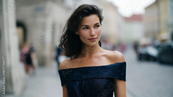 Fototapeta Elegant woman walking confidently down a European city street, wearing an off-shoulder dark navy evening dress with a subtle shimmer. Soft natural daylight, shallow depth of field,