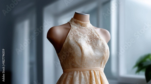 Obraz Elegant vintage-inspired sleeveless A-line dress displayed on a mannequin, crafted from soft beige lace with intricate floral embroidery. High neckline, fitted bodice, gently flare