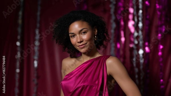 Fototapeta Elegant woman in a metallic pink one-shoulder party dress posing against a festive pink backdrop, sparkling hanging streamers, metallic stars, soft studio lighting, confident joyfu