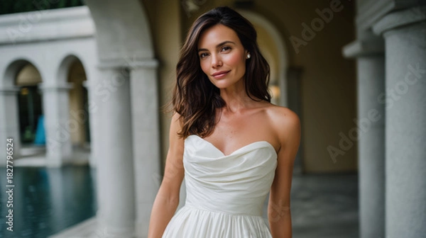 Obraz Elegant bride in a luxurious strapless white wedding gown with a fitted draped bodice and a voluminous flowing skirt, standing outdoors under classical stone arches. Soft natural l