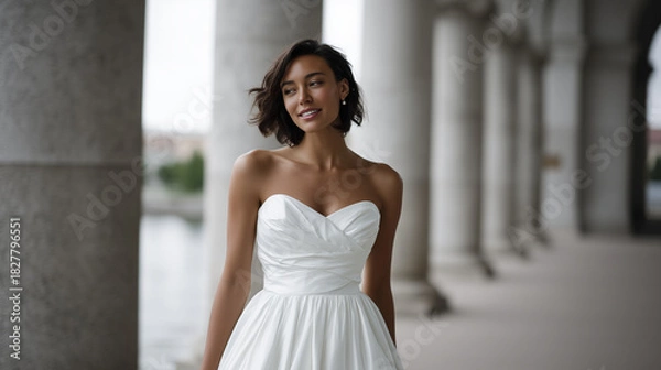 Obraz Elegant bride in a luxurious strapless white wedding gown with a fitted draped bodice and a voluminous flowing skirt, standing outdoors under classical stone arches. Soft natural l
