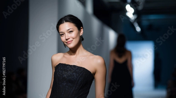 Obraz Elegant runway fashion show captured in a premium editorial style. A model with refined facial features and warm light-to-medium skin tone walks confidently toward the camera weari