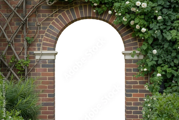 Obraz Floral Garden Arch, A Serene and Romantic Brick Entrance on White