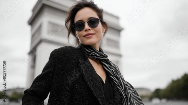 Obraz High-fashion monochrome portrait of an elegant woman posing near the Arc de Triomphe in Paris. She wears a textured bouclÃ© blazer with a wide black leather belt, accessorized with