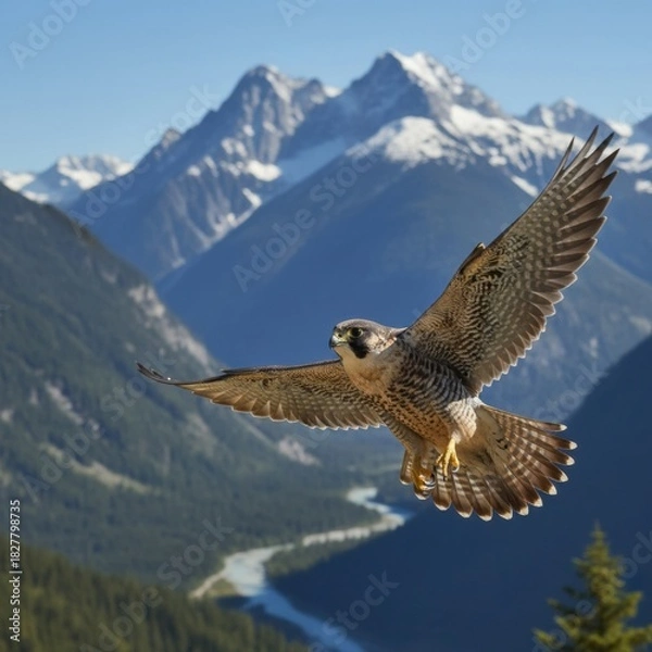 Obraz Peregrine falcon in flight with wings fully extended over scenic mountain valley, powerful bird of prey with yellow claws and sharp beak, clear blue sky and snowy peaks, symbol of freedom, speed and p