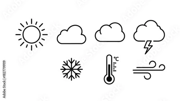 Fototapeta Weather icons representing sun, clouds, lightning, snow, thermometer, and wind