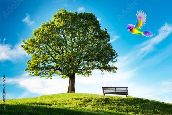 Obraz 大きな木の下にあるベンチに舞い降りるカラフルな鳥