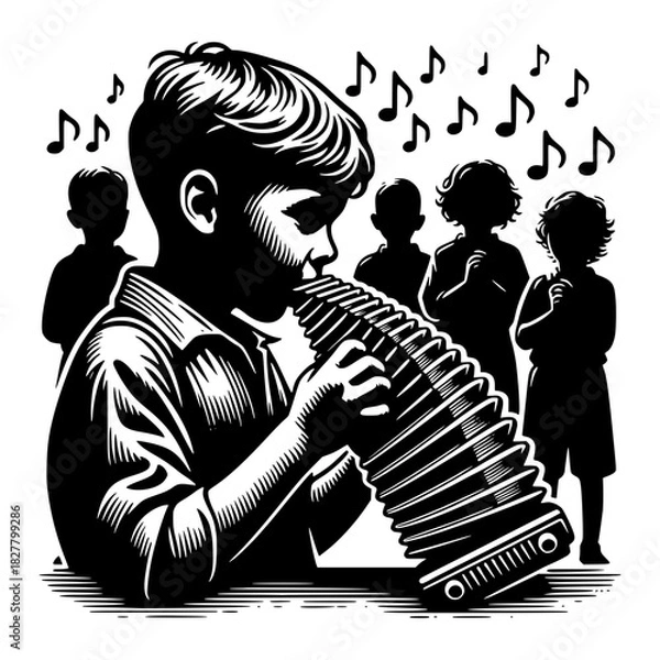 Fototapeta Boy enthralling audience by playing mouth organ vector image illustration