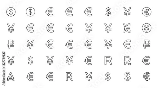 Fototapeta Collection of various currency symbols from different countries in a grid format