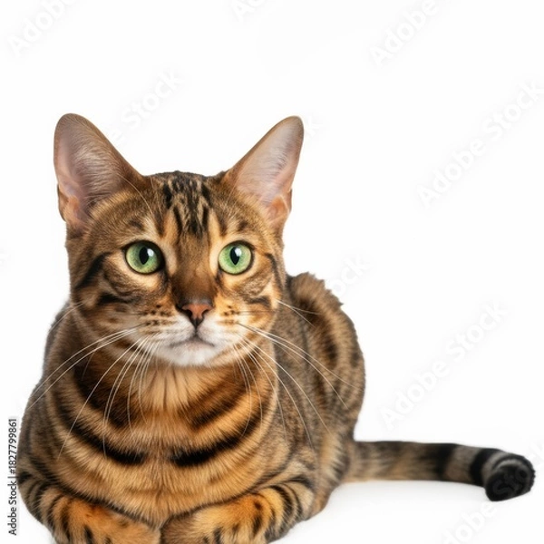 Obraz Bengal cat lying on a white background with green eyes, elegant posture, golden brown fur with spots and stripes, detailed portrait of a domestic cat in a minimalistic composition with open space, nat