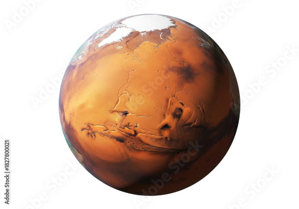Fototapeta Isolated view of the planet Mars featuring polar ice cap, valleys, and red surface dust