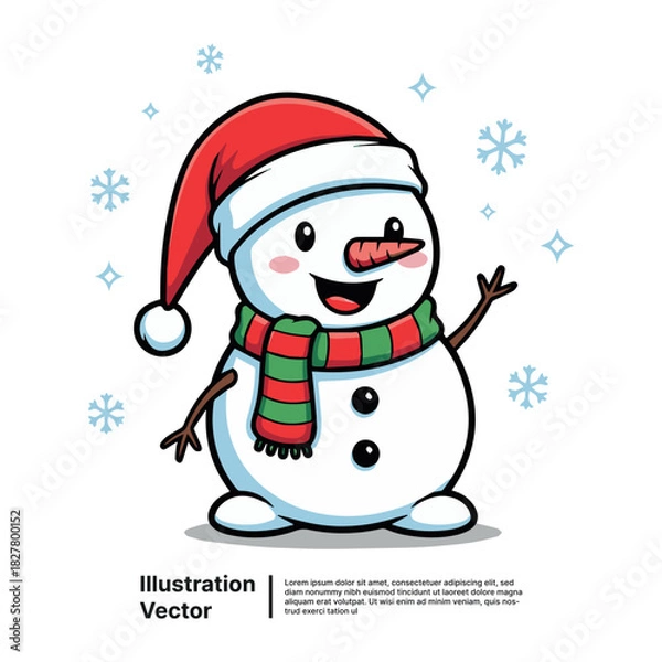 Obraz Smiling cartoon snowman with a festive red hat and striped scarf, spreading winter holiday cheer