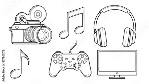 Fototapeta Collection of music and gaming icons including headphones, musical notes, a camera, and a game controller