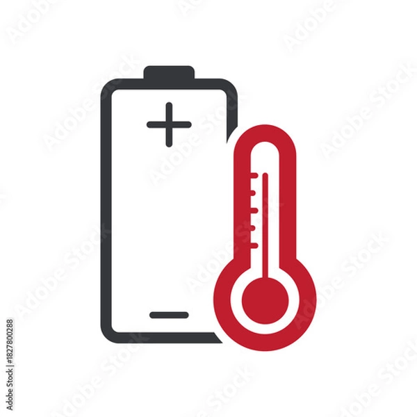 Fototapeta Isolated pictogram of a battery with thermometer, overheating risk. Safety warning sign for hot battery, high temperature accumulator, and thermal hazard.