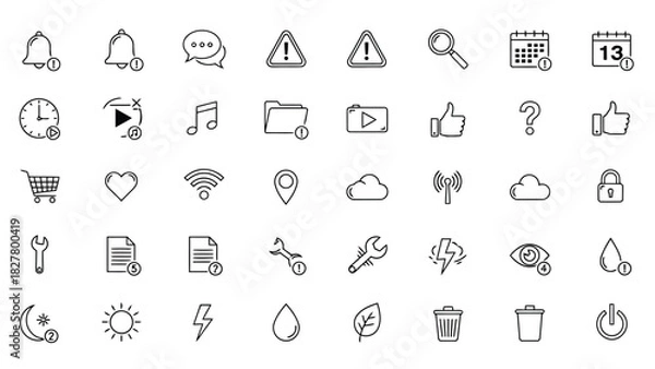 Fototapeta Outline icons for media, alerts, notifications, location, music, camera, search and essential UI functions.