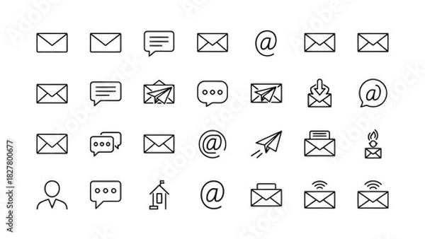 Fototapeta Minimal outline email, message, chat, inbox, send, mail and communication icons for apps and web interfaces.