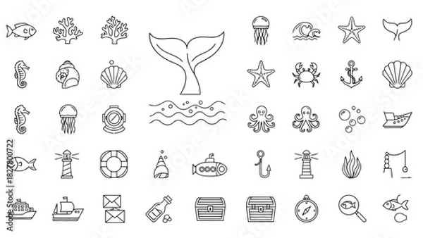 Fototapeta Clean outline icon set of whale tail, fish, starfish, shells, waves and marine life for ocean, travel and nature design.