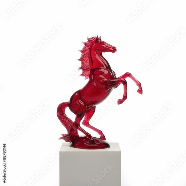Obraz Red glass horse figurine rearing up on a pedestal, elegant transparent sculpture isolated on a clean white background, decorative object with detailed shape of mane, legs and tail, symbol 2026