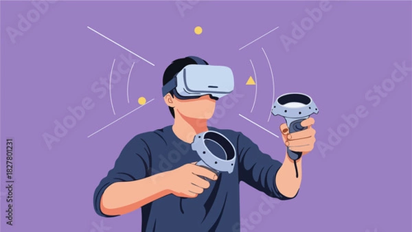 Obraz Man Immersed in Virtual Reality Experience with VR Headset and Controllers