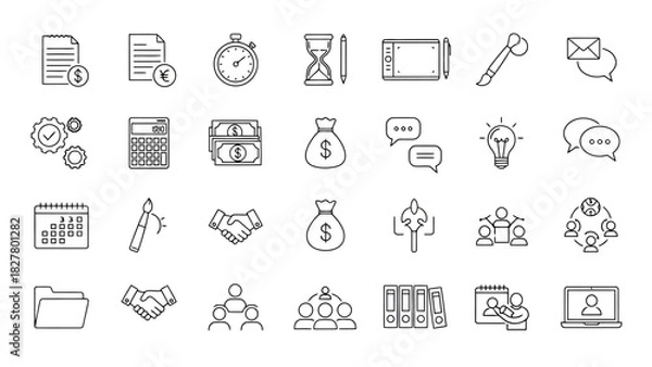 Fototapeta Outline vector icons for finance, business, communication, planning, productivity and digital apps.

