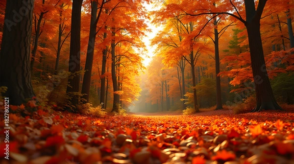 Fototapeta Autumn forest path filled with fallen leaves creating a picturesque fall landscape with stunning foliage color and inviting atmosphere perfect nature scene for backgrounds