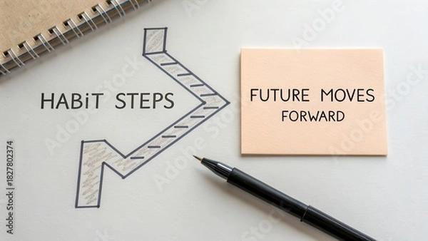 Fototapeta Arrow sketch shows future steps forward with a pen and sticky note