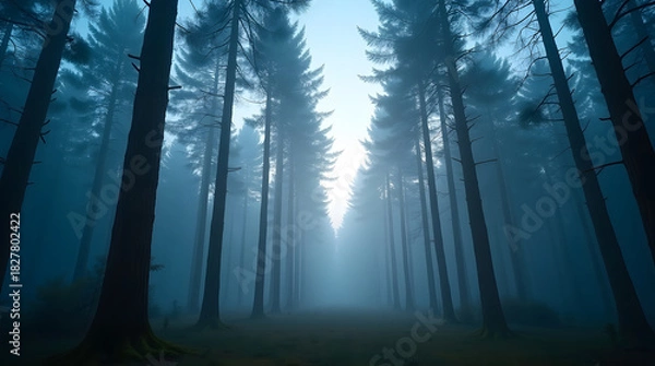 Fototapeta Foggy forest landscape showcasing tall trees creating sense of depth and perspective with mystical atmosphere and natural beauty in serene environment perfect background