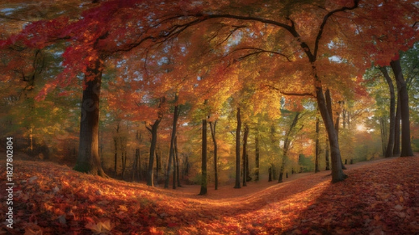Fototapeta Panoramic view of autumn forest landscape with vibrant foliage creates immersive experience in nature during fall season with warm sunlight and colorful leaves