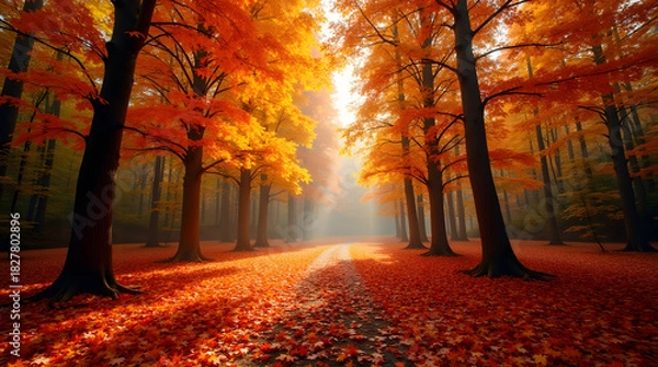 Fototapeta Sunlight Streams Through Autumn Forest Illuminating Leaf Covered Path Creating Serene and Inviting Fall Scenery for Scenic Walk