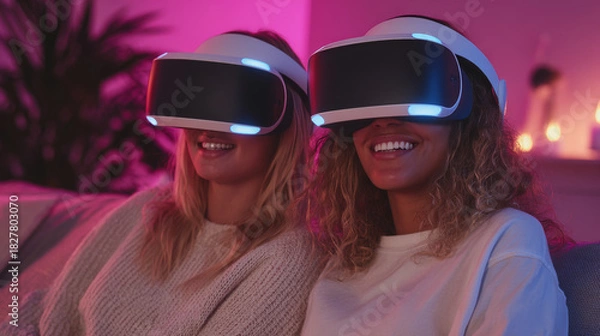 Fototapeta Shared Immersion: Young Women Experiencing Social VR Together on a Modern Sofa