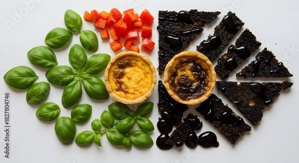 Obraz Quiche Contrast Light and Dark Cuisine, Fresh to Burnt Food Art