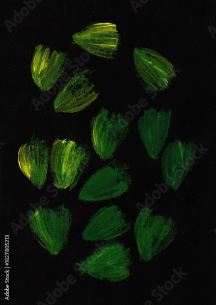 Fototapeta A minimalist abstract image, executed in an expressive manner, creating a sense of glow in the dark. Small groups or individual elements resembling stylized petals and buds.