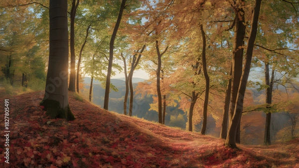 Fototapeta Autumn Forest Landscape with Golden Sunlight Shining Through Trees Creating Picturesque Scenery on Hillside Covered in Colorful Fallen Leaves with Misty Background
