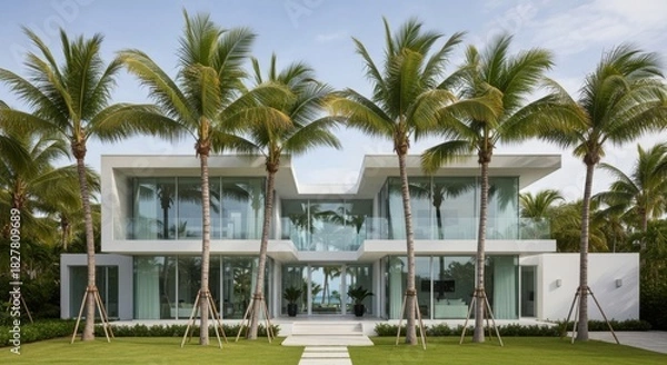 Fototapeta Modern Luxury Beachfront Home Surrounded by Palm Trees