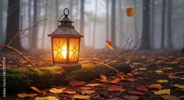 Fototapeta Enchanting Lantern in a Misty Autumn Forest with Fall Leaves
